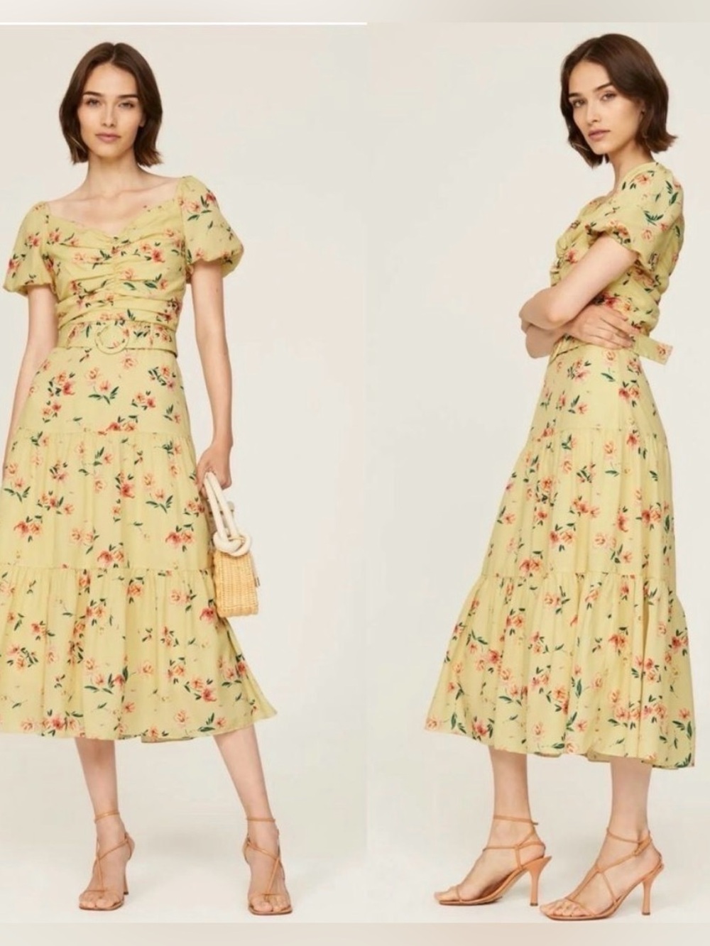 Women’s Paloma Blue Evie Yellow Flower Belt Dress with Puff Sleeves